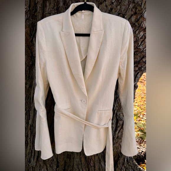 Free People Ivory/Cream Linen Blend Belted Blazer Jacket Flared Sleeves Sz S - Picture 5 of 12
